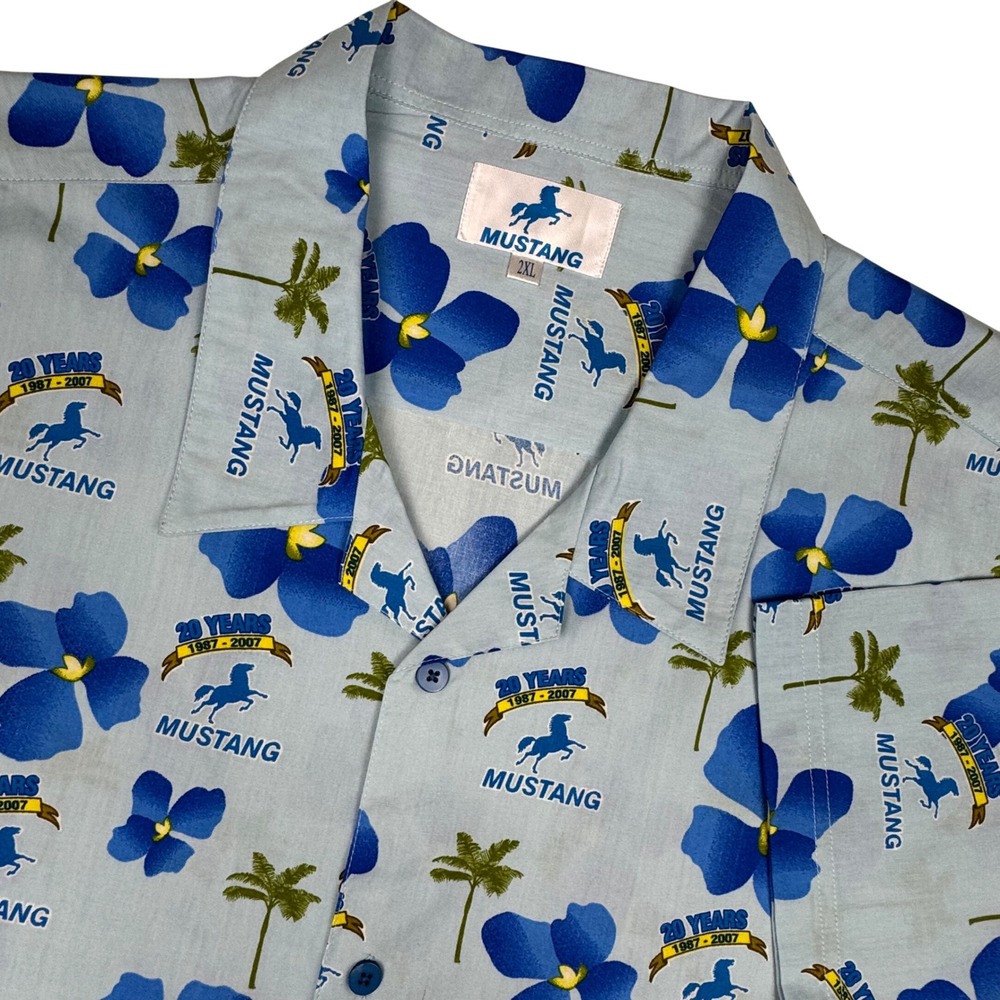 Mustang 20 Years Anniversary All Over Print Hawaiian Camp Shirt Mens 2XL Blue